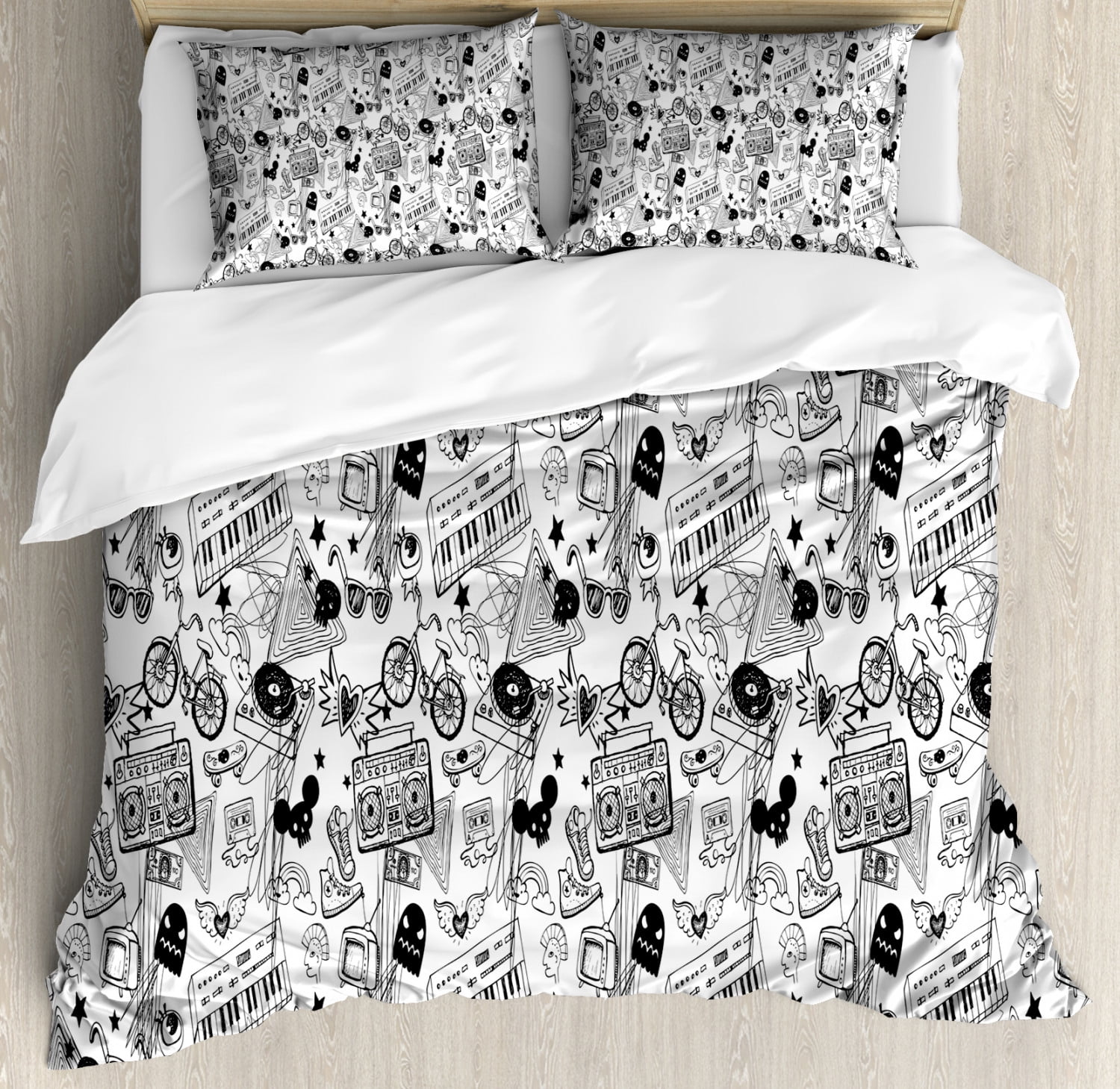 Black And White King Size Duvet Cover Set Punk Teenage Pattern Cassette Keyboard Ghost Heart And Boombox Doodle Decorative 3 Piece Bedding Set With 2 Pillow Shams Black White By Ambesonne