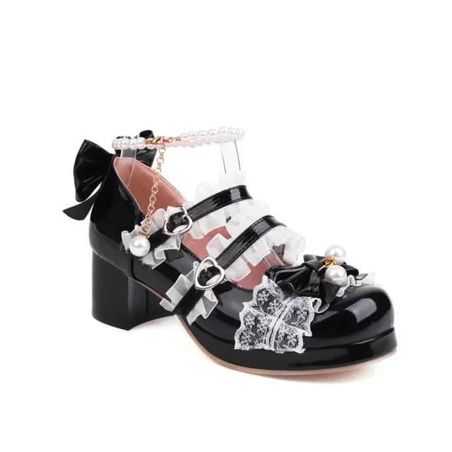 Zapatos de tacón alto con correa cruzada para mujer, bombas Mary Jane para fiesta, boda, Cosplay, blanco, rosa, negro, fresa, arco, Princesa, Cosplay, Lolita