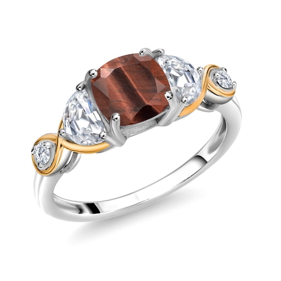 Gem Stone King 925 Silver and 10K Yellow Gold 3-Stone Ring Cushion Tiger Eye Half Moon Moissanite and Lab Grown Diamond (1.66 Carat Cttw, Size 8)
