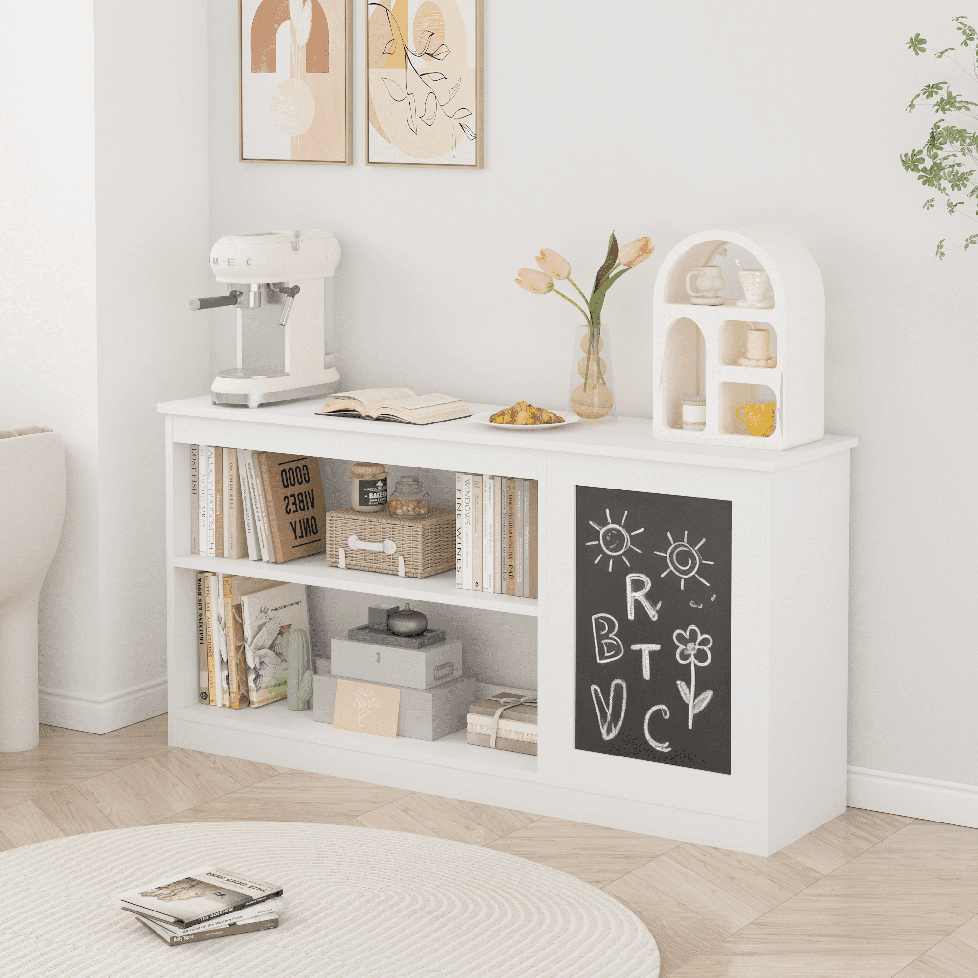 Yoneston 3-in-1 Kids Storage Cabinet with Chalkboard, Kids Bookshelf with 2 Open Shelves & Toy Bin for Bedroom Playroom, White
