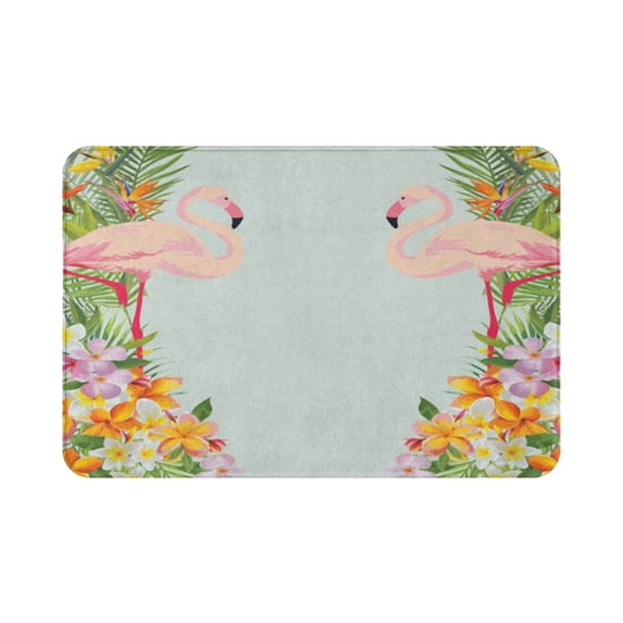 Floral Bath Mat Flamingo Birds and Tropical Flowers Exotic Hawaiian Wildlife Animals Bathroom Decor Mat with Non Slip 16"x24"