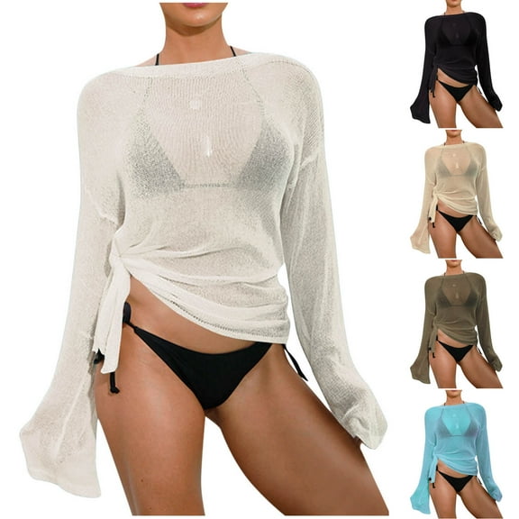 Axiiglly Beach Cover Ups for Women Solid Color Crochet Coverups Long Sleeve Swimwear Tops Hollow Out Bathing Suit Cover Up Summer Casual Bikini Vacation Oufits