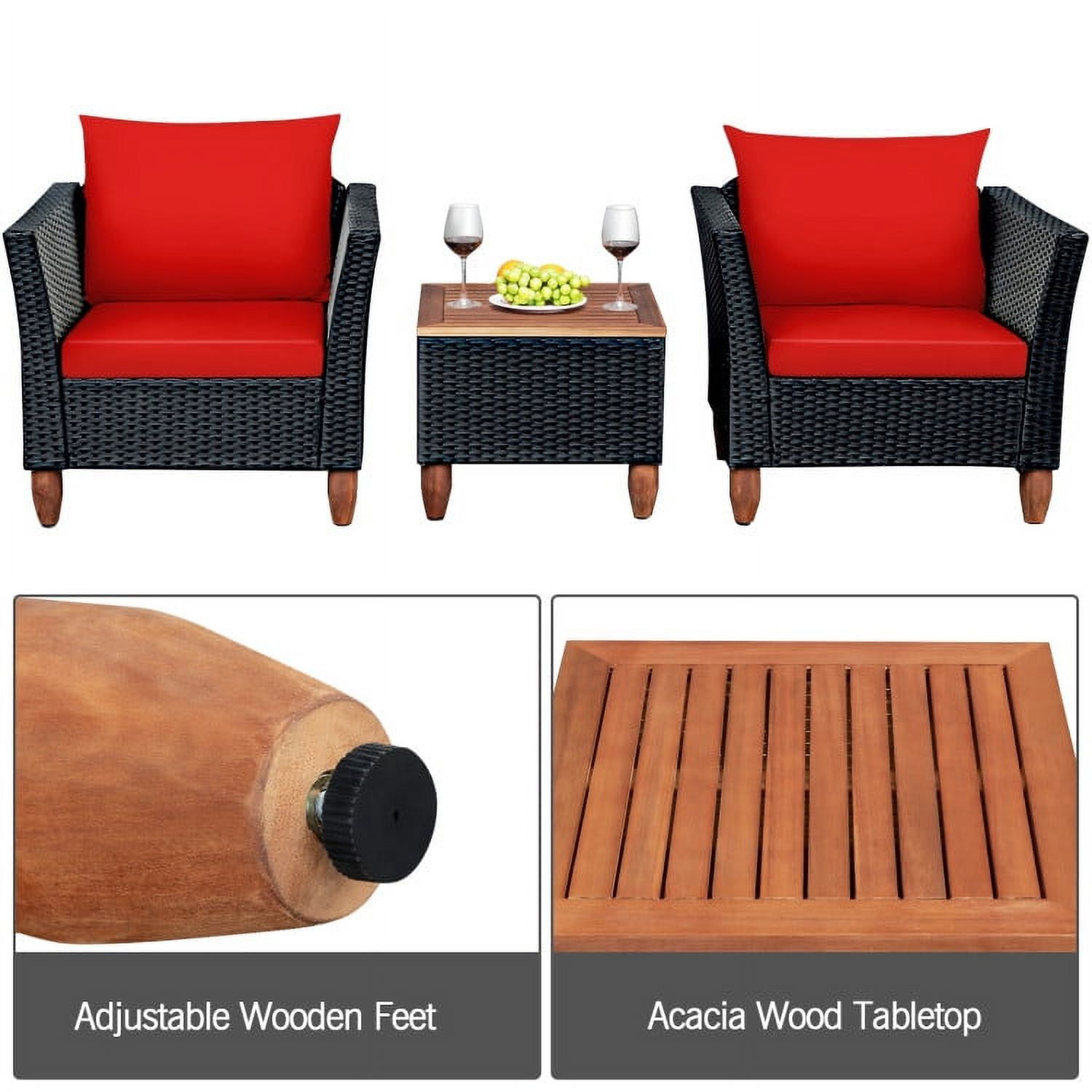 Aimee Lii 3 Pieces Outdoor Patio Rattan Furniture Set with Coffee Table, Modern Patio Furniture, Red