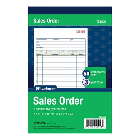 Adams 3-Part Carbonless Sales Order Record Book, 5-9/16 x 8-7/16 in, 50 Sets.