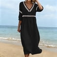 thumbnail image 6 of Ygbgbb Women V‑Neck Hollow Lace Trim Maxi Dress, Three‑Quarter Sleeve Empire‑Waist Loose Flowy Dress for Summer Beach and Resort‑Style Outfits Black L, 6 of 7