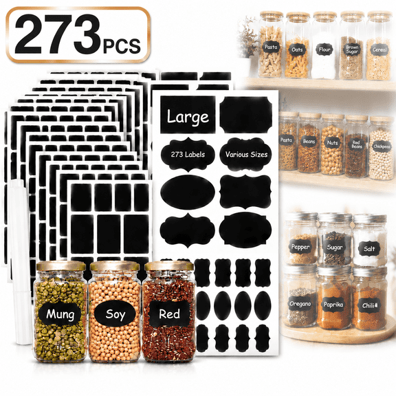 Ustris 273 Pcs Labels for Jars, Waterproof Reusable Chalkboard Labels for Food Containers, Bottles, Blackboard Stickers with 【1 Erasable Chalk Marker 】(Black)
