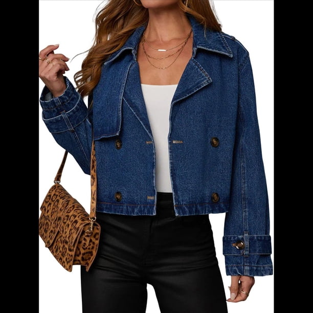Gabardina Vaquera Cruzada para Mujer, Estilo Vintage, con Cuello Entallado, para Oficina, con Cinturón en los Puños Azul Oscuro L