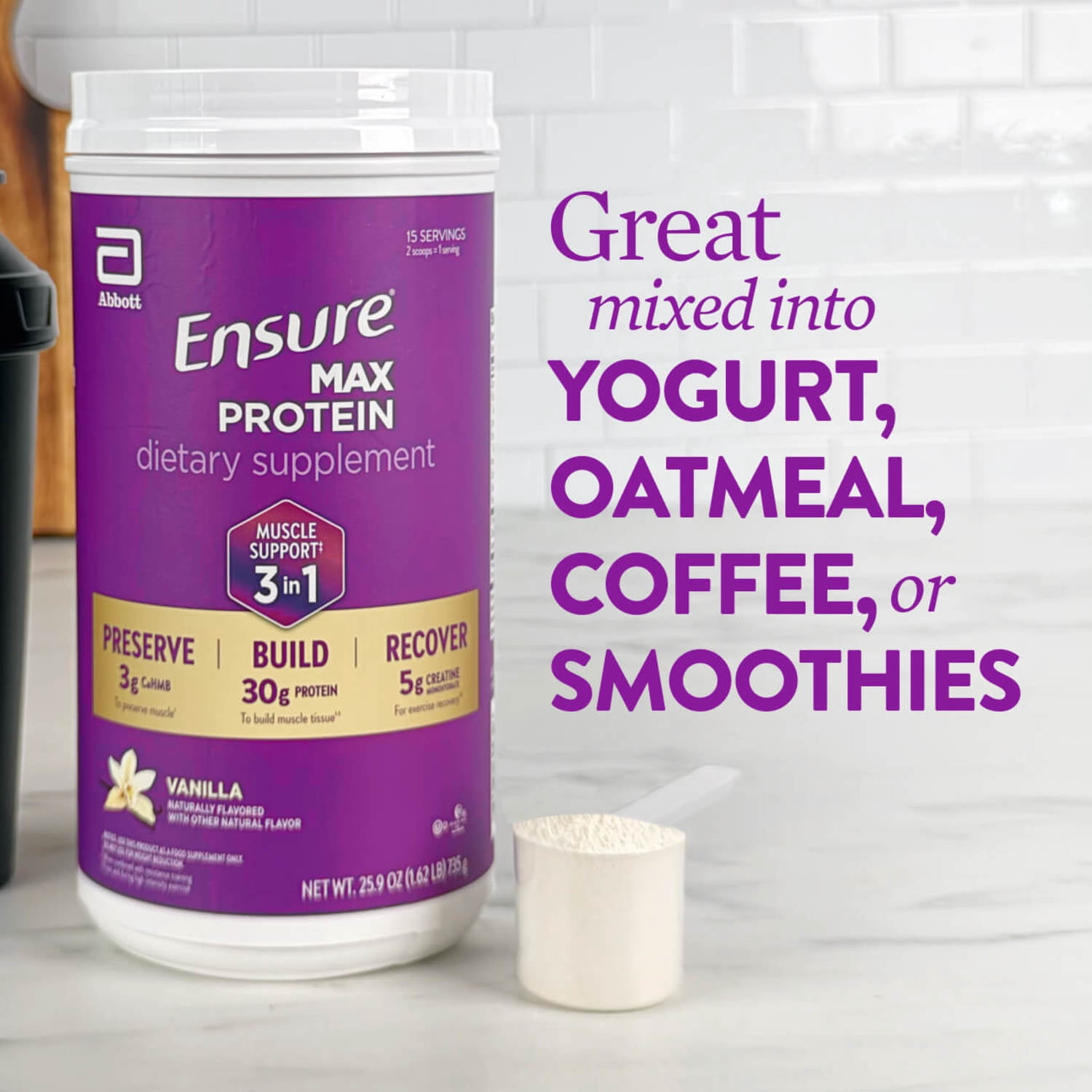 Ensure Max Protein 3-in-1 Protein Powder, Muscle Support*, 30g Protein, Creatine, HMB, Vanilla, 25.9oz, 2 Pack