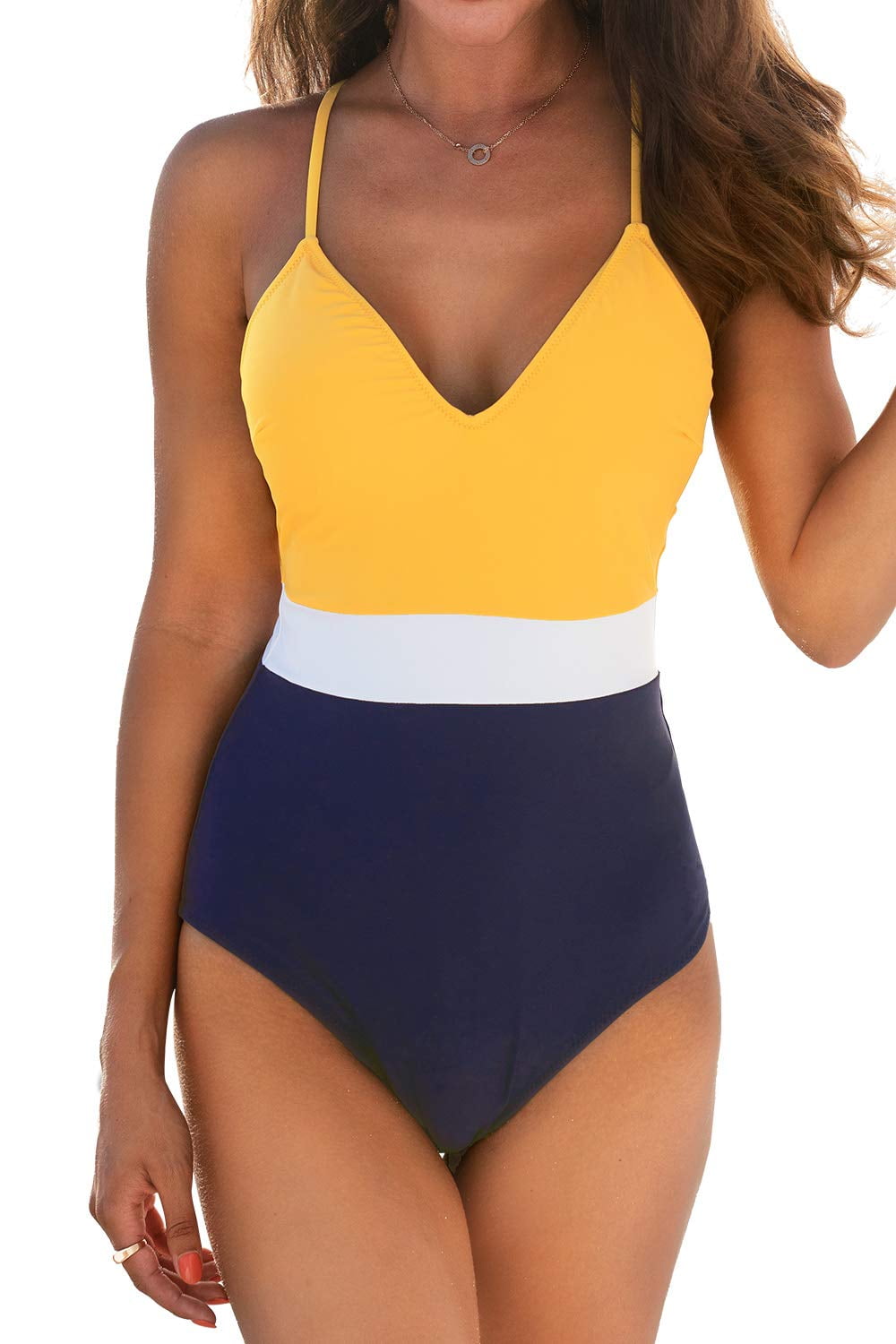 Cupshe Women S Triple Color Block V Neck One Piece Swimsuit Cross Back Swimsuit Yellow M Walmart Com
