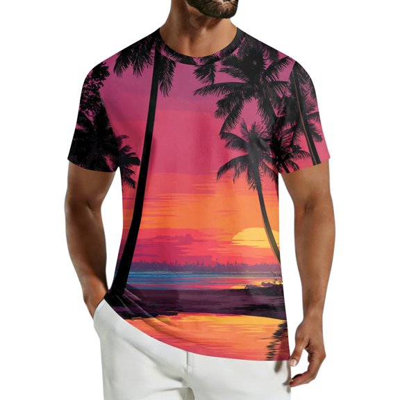 Domuza Summer Streetwear Causal T Shirts for Men Ombre Tropical Print Crewneck Short Sleeve Tee Shirts Tops Deep Red S