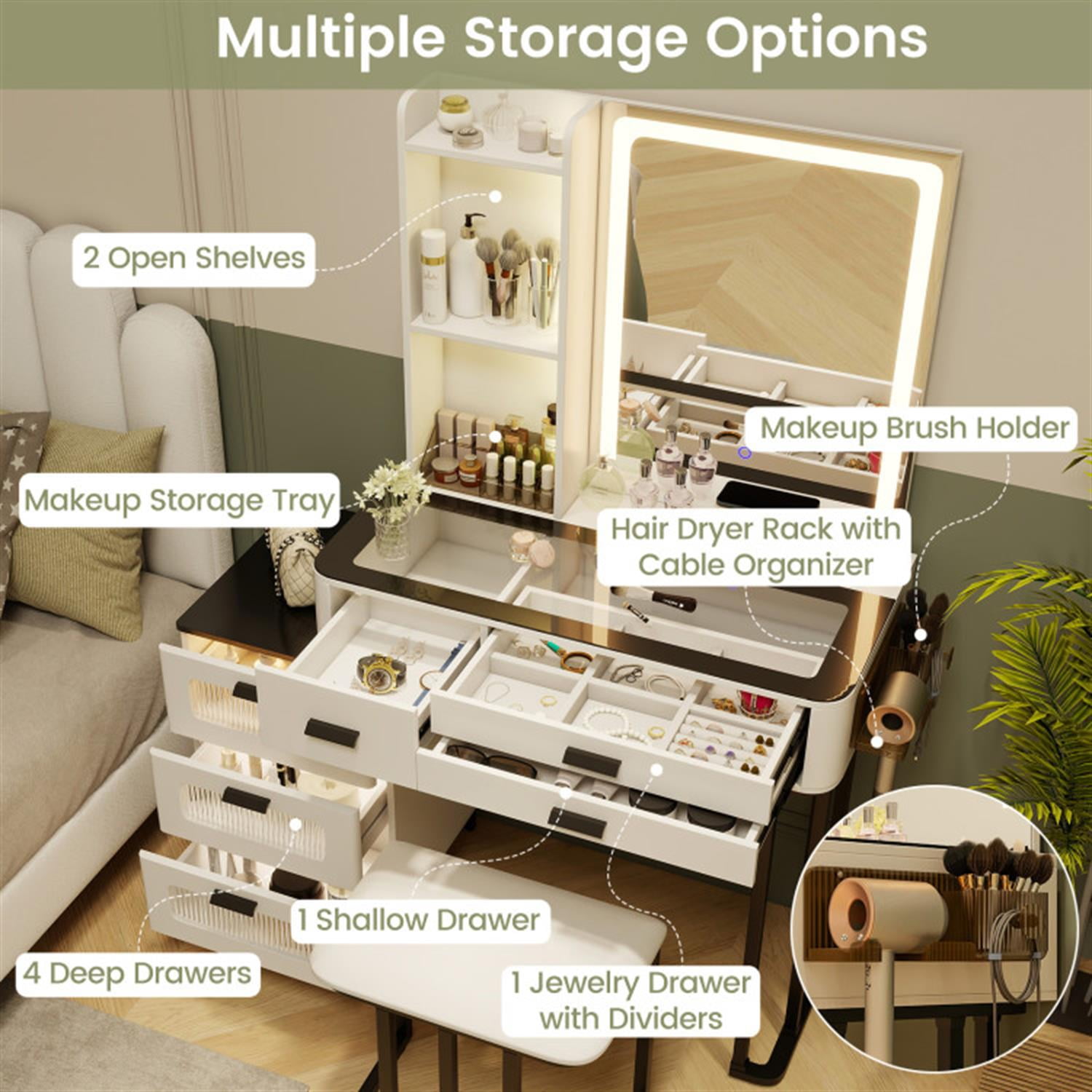 Demi Bonn Makeup Vanity Dressing Table and Stool Set with Mirror and 3-Color LED Lights, Vanity Desk for Bedroom Dressing Room, White