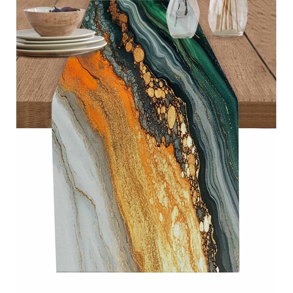Ldtrchee Green Marble Table Runner 120 Inches, Black Orange White Ombre Abstract Modern Bed Runner Dresser Scarves Tabletop for Indoor Outdoor Parties/Ceremony/Banquet, 13"x 120"