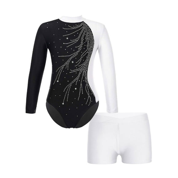 renvena Girls Gymnastics Leotards and Shorts Set Rhinestone Long Sleeve Ballet Unitard Biketards White 8