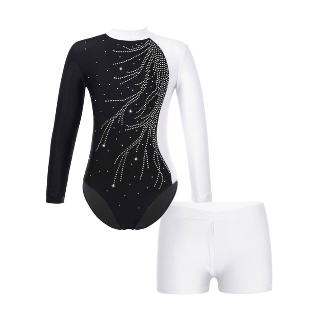 renvena Girls Gymnastics Leotards and Shorts Set Rhinestone Long Sleeve Ballet Unitard Biketards White 6