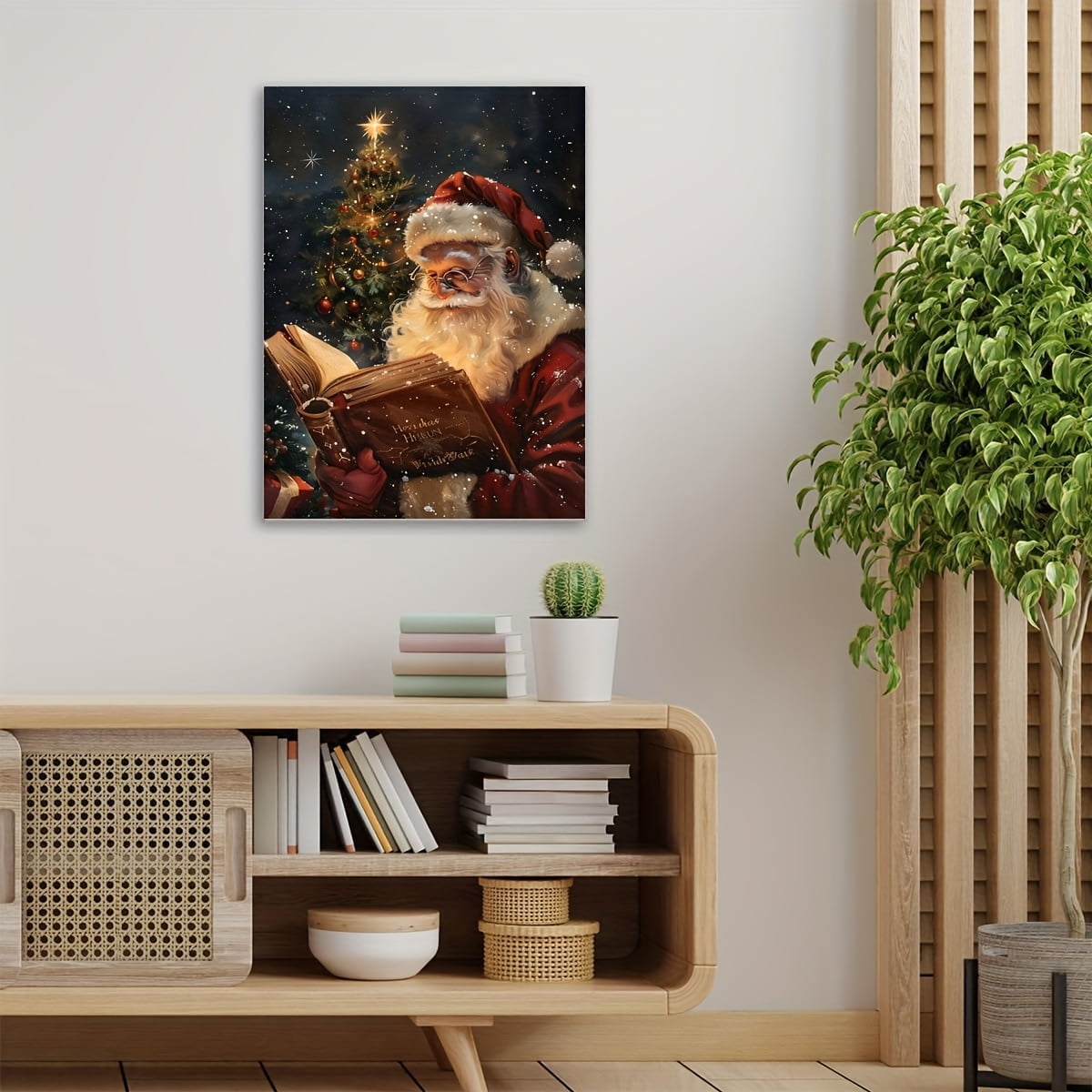 Framed Santa Claus Reading Canvas Wall Art - Waterproof Print, Festive Holiday Decor for Home, Ideal for Christmas & Halloween, Featuring Santa in his Traditional Attire