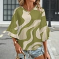 thumbnail image 3 of Abstract Olive Green Wavy Pattern Women's V-Neck Blouse With 3/4 Ruffled Bell Sleeves Casual Top Ladies Blouses, 3 of 7