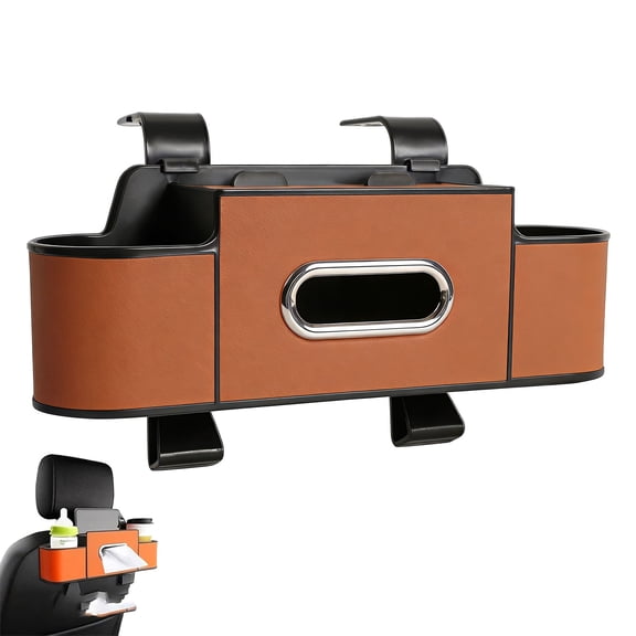 car organizer, 3-in-1 Backseat Car Organizer with Dual Cup Holders, Tissue Box & Phone Holder - Multifunctional Waterproof Storage for Daily Driving & Travel (Brown)