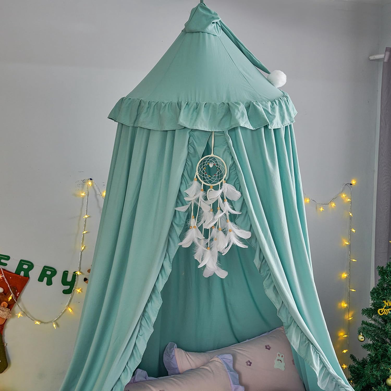 Bed Canopy for Girls,Princess Round Dome Dreamy Mosquito Net Bedding Girls Room Castle Play Tent Hanging House Decor Reading Nook Canopies (Green)