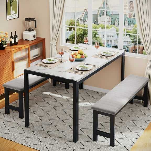 PORKISS Dining Room Table Set, 3-Piece Breakfast Nook Dining Set with Benches, Modern Faux Marble Tabletop, Upholstered Velvet Benches, Metal Frame, White Gray Black