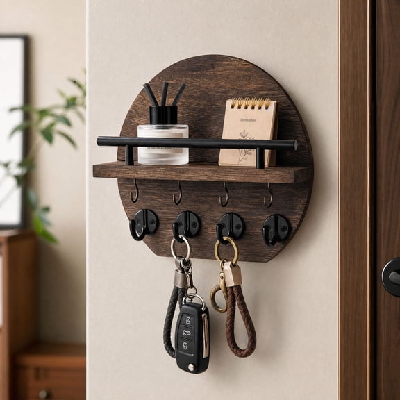 MInHoues Rustic Wooden Wall‑Mounted Storage Shelf, Solid Wood Entryway Organizer, Wall Hanging Key Holder for Hallway Entry Mudroom Home Wall Decor