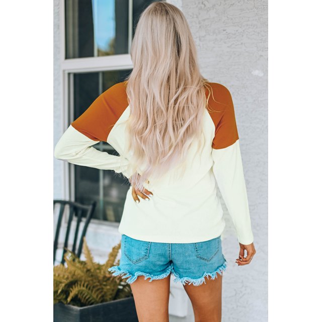 ABPHQTO Top de manga larga con botones y bloques de color de cara de calabaza divertida marrón para mujer