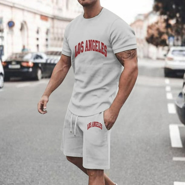 WILLBEST Pantalones Cortos Cortos para Hombre, Camiseta Informal de Verano de Dos Piezas con Estampado de Letras, Camiseta de Manga Corta con Cuello Redondo y Pantalones Cortos, Traje