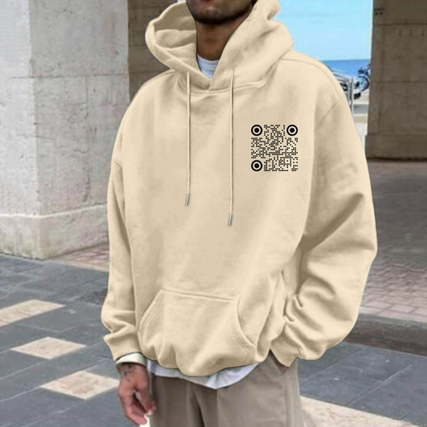 MHFRRA Suéter Unisex con Capucha, Mangas Largas y Bolsillos, Estampado de Código Qr En Color Liso, para Otoño E Invierno Beige
