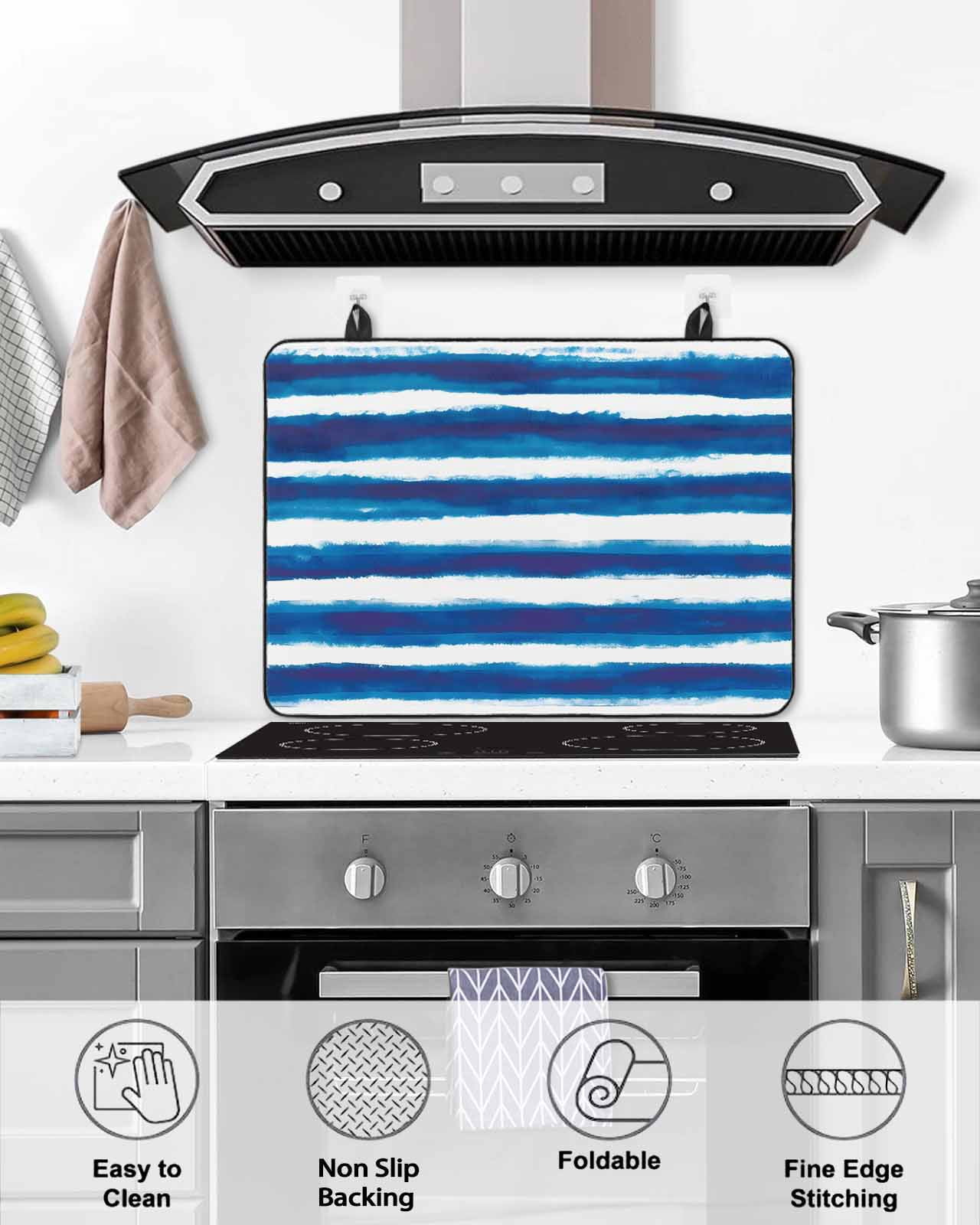 nqOlkjepod Large Induction Cooktop Protector Mat 24"x21", Blue Stripe Stove Top Covers for Electric Stove, Ocean Beach Watercolor White Geometric Stove Burner Cover Mats, Glass Top Stove Cover