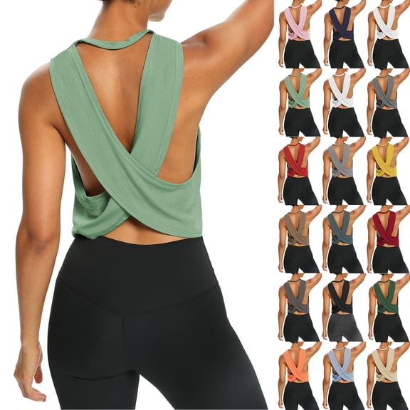 Womens Open Back Workout Shirts Cropped Yoga Tank Tops Backless Athletic Clothes for Gym Running #02Light Gray L