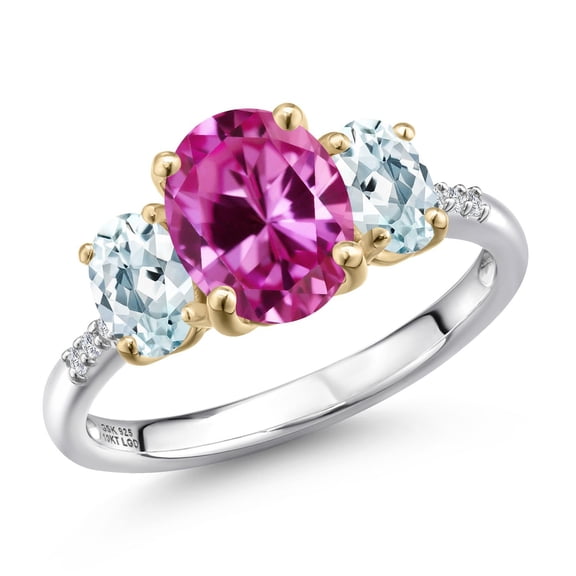 Gem Stone King 925 Silver and 10K Yellow Gold Pink Created Sapphire and Sky Blue Aquamarine and Lab Grown Diamond Engagement Ring for Women | 2.06 Cttw | Oval 9X7MM | September Birthstone | Size 6