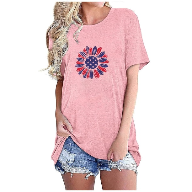 Tops Cortos para Mujeres Bandera de Moda Impresa Cuello Redondo, Camiseta de Manga 3/4 para Uso Diario, Casero Y Cómodo