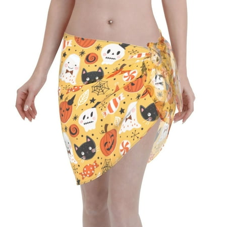 Adobk Women Beach Sarong Bathing Suit Happy Halloween 5 Print Wrap Skirt Sheer Bikini Swimsuit Cover Ups For Swimwear