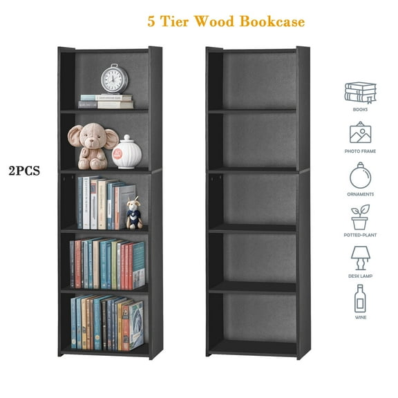 YKITRD 2PCS 5-Tier Bookcase Bookshelf Narrow Open Shelf Wooden Storage Organizer Black