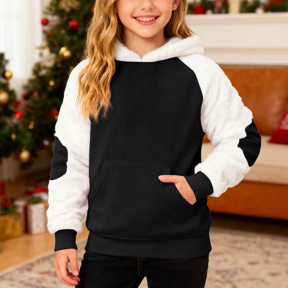 Hpapadks Girls Hoodie Children Christmas Patchwork Fleece Hoodie Warm Long Sleeve Baby Sweatshirt Black 5-6 Years