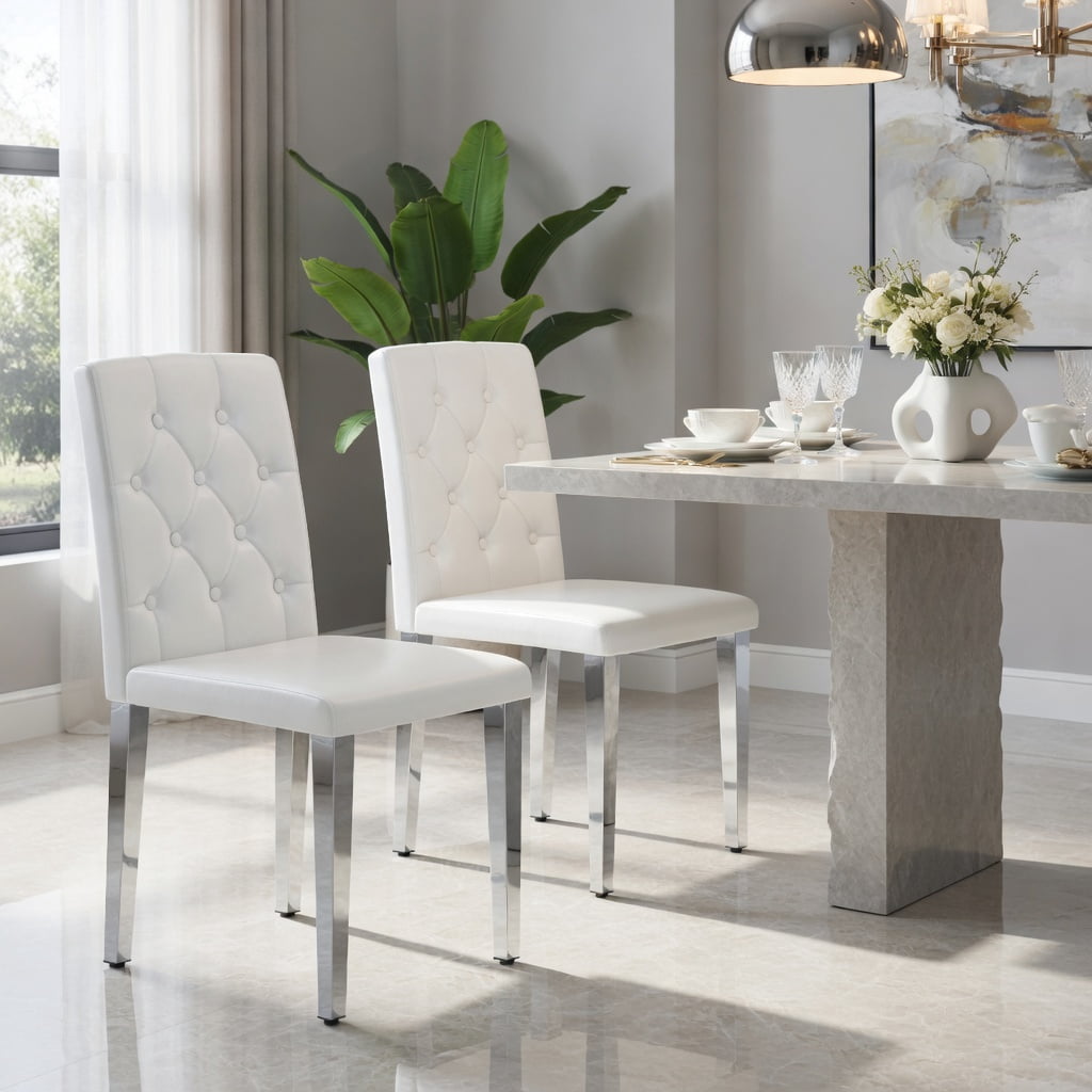Hommoo 4-Pack PU Dining Chairs with Ergonomic Buckle Backrest, 35 in Height, Metal Legs, Modern Comfort Seating for Dining Room, Restaurant & Hotel Banquet Hall, White & Sliver