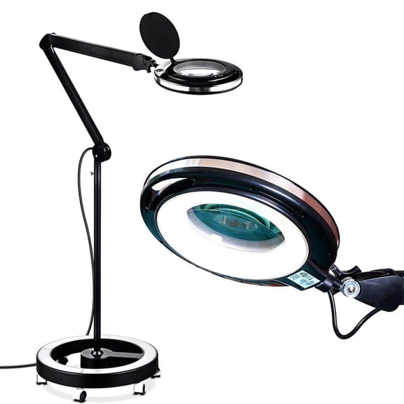 Lightview Pro 55 in. Classic Black Industrial 1-Light 3-Way Dimming 1.75X Magnifying LED Swing Arm Rolling Floor Lamp