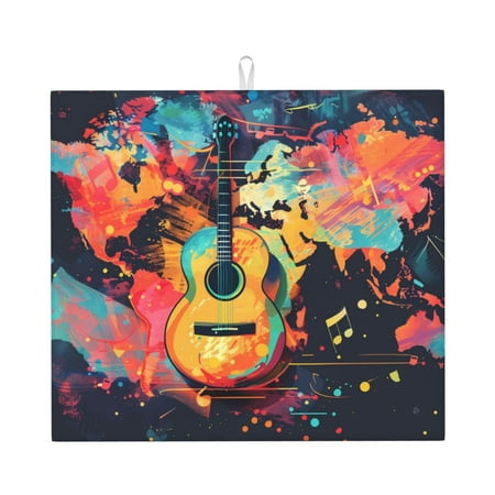 

Vsdgher World Map Guitar Illustration Print Dish Drying Mat Kitchen Counter Mat Dish Drying Pad for Dishes Utensils Pots and Pans 16 x 18