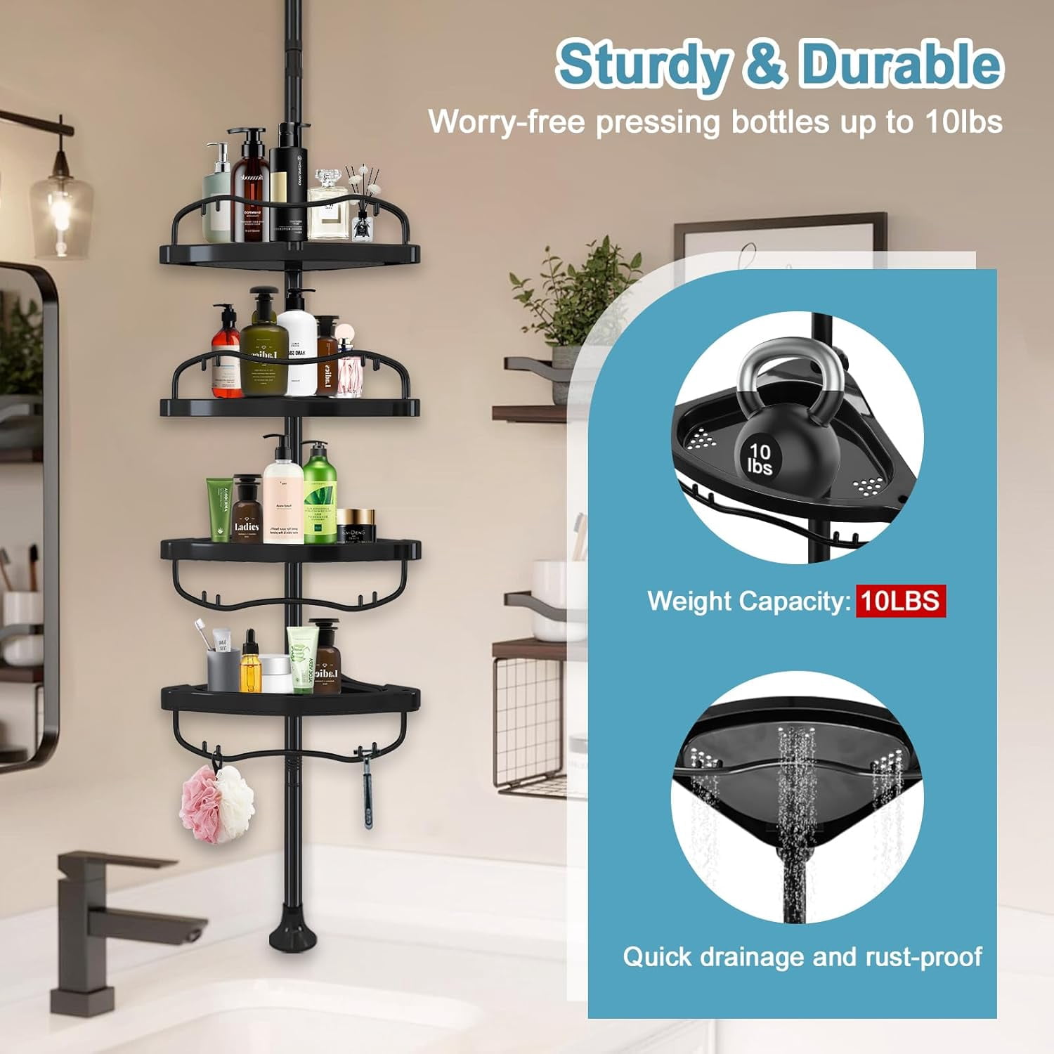 Shower Caddy Corner, No Drilling Rustproof Bathtub Shower Storage Organizer for Bathroom,4-Tier Adjustable Shelves with Tension Pole, Black