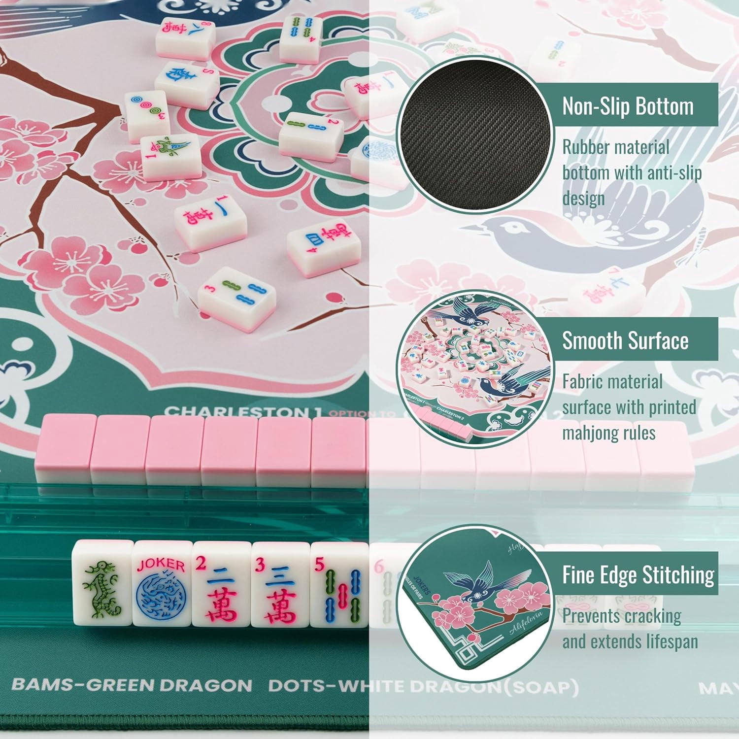 Designer Mahjong Mat - American Mah jongg Mat for Table 31.5x31.5 Inch Non-Slip Noise Reduction Mahjong Mat with Rules, Portable Gaming Mat for Poker, Tiles & Dominoes (Happiness Alights-Bird)