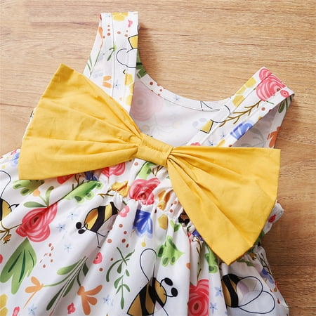 

B91xZ Summer Dress Kids Girls Toddler Beach Bee Floral Prints Sleeveless Bowknot Princess Girls Dress Cloths Yellow Size 3Y