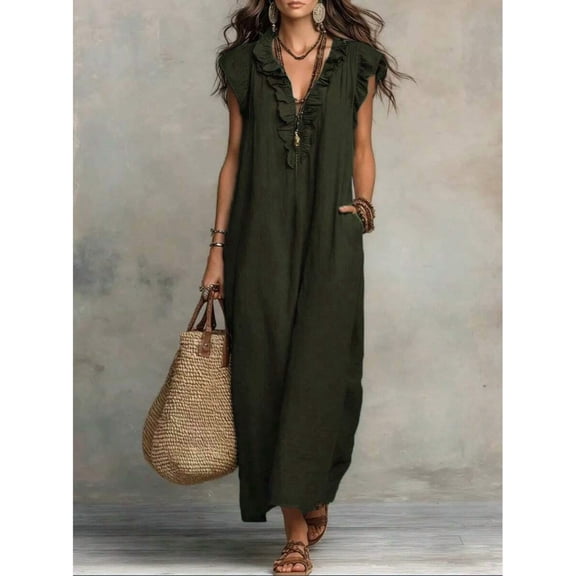 Olive Green Bohemian Ruffle Flutter Sleeve Deep V-Neck Floor-Length Maxi Dress With Side Pockets