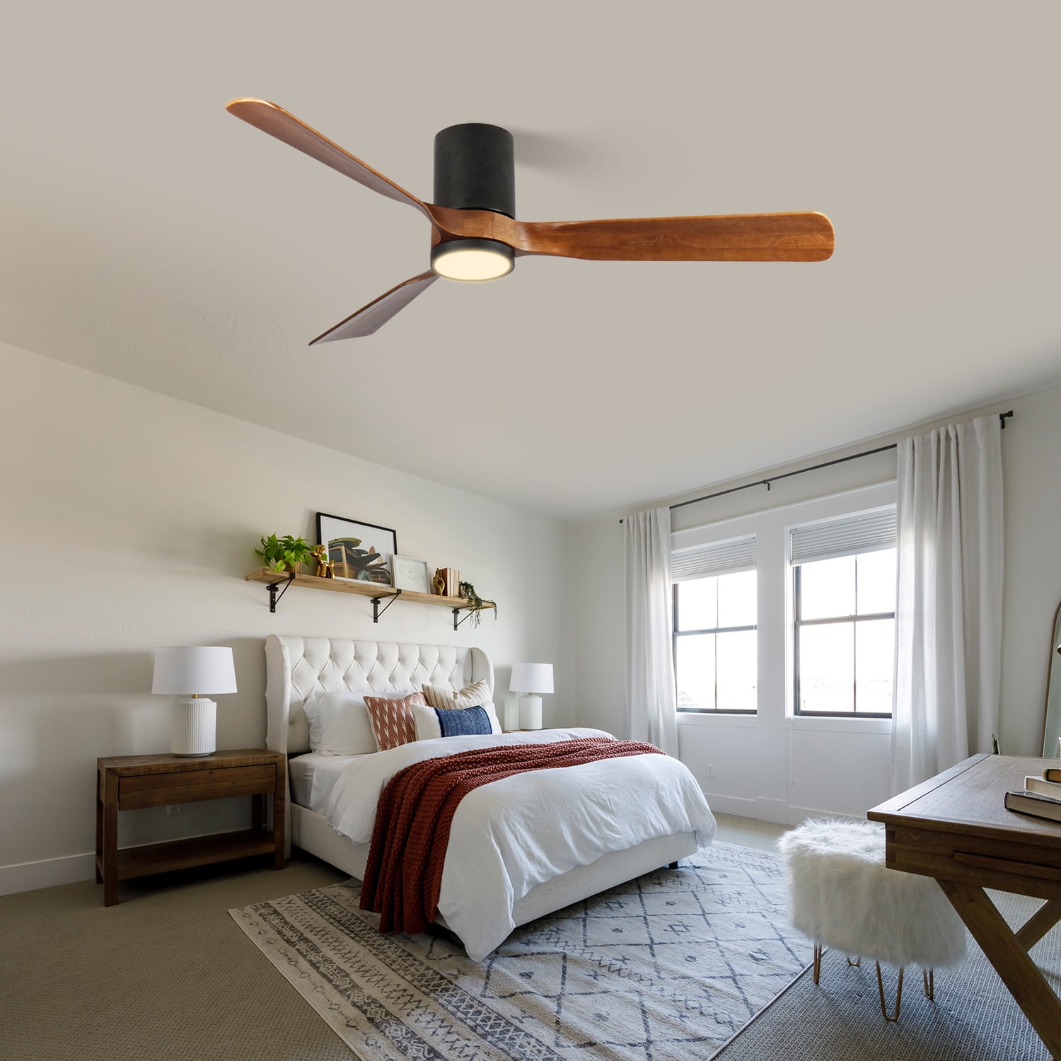 Lisonu 60" Indoor/Outdoor Ceiling Fan with LED Light & Remote, Modern Flush Mount Fan with Wood Blades, 6-Speed Reversible DC Motor for Patios & Bedrooms, White