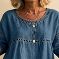 thumbnail image 3 of Morrtic Women's Eyelet Spliced 2 Piece Solid Color Set – Round Neck Half Sleeve Blouse & Wide-Leg Pants, Summer Casual Outfit Dark Blue，S, 3 of 6