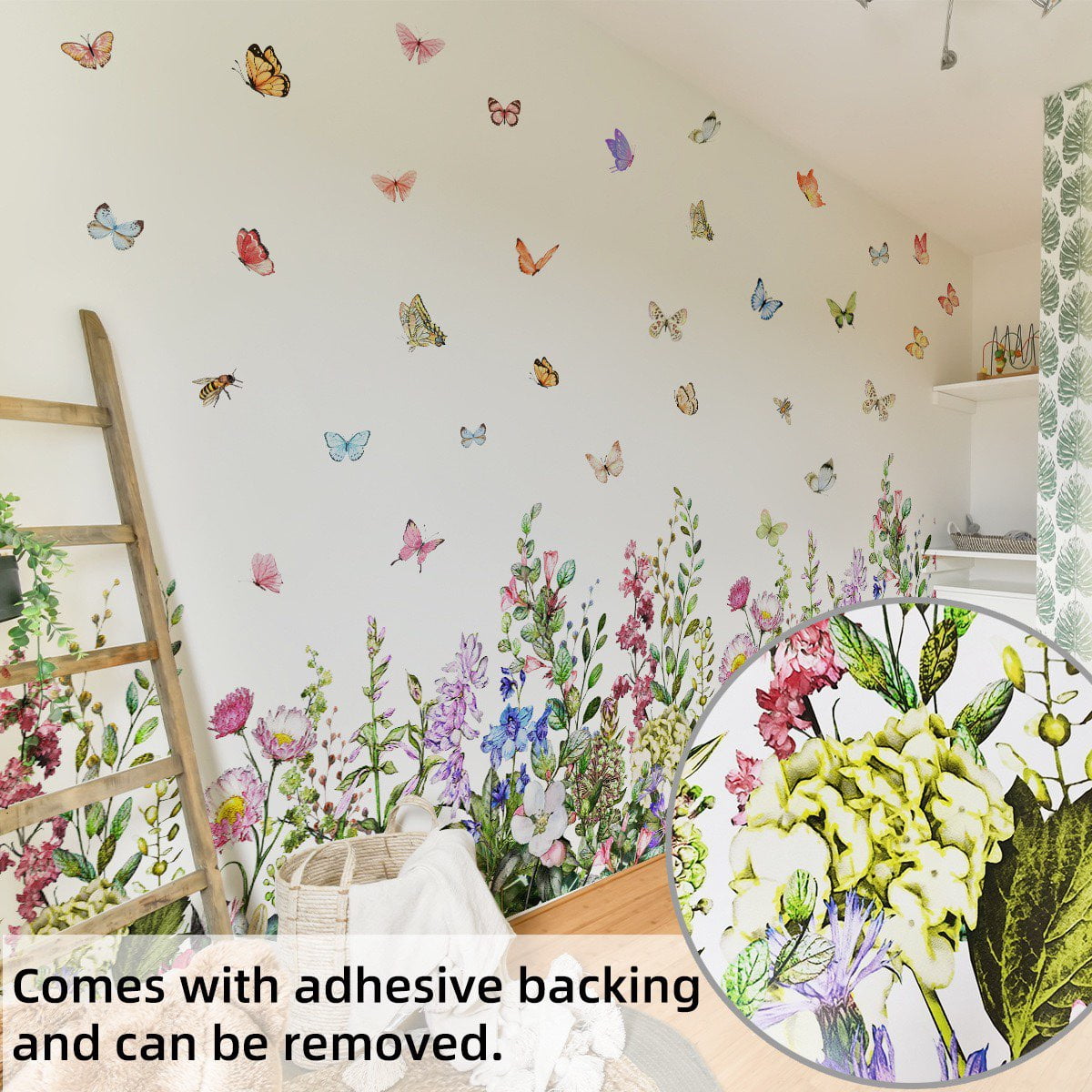 Large Plant Grass Wall Corner Stickers Flower wall stickers Flowers with Butterflies Base Board Skirting Line Wall Decals for Bedroom Living Room Staircase Kitchen