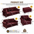 thumbnail image 2 of EHANCIS 3-Piece Chesterfield Sofa Set,Velvet 3-Seater, Loveseat & Single Sofa, 6-Seater Couch with Nailhead Trim, Rolled Arms, Ottoman & 6 Pillows,Living Room,Burgundy, 2 of 9