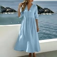 thumbnail image 3 of Josdec Women's V-Neck Lace Trim Dresses 3/4 Sleeve Empire Waist A-Line Solid Color Cotton Linen Casual Dress for Weekend Outings Wear S-XXL, 3 of 9