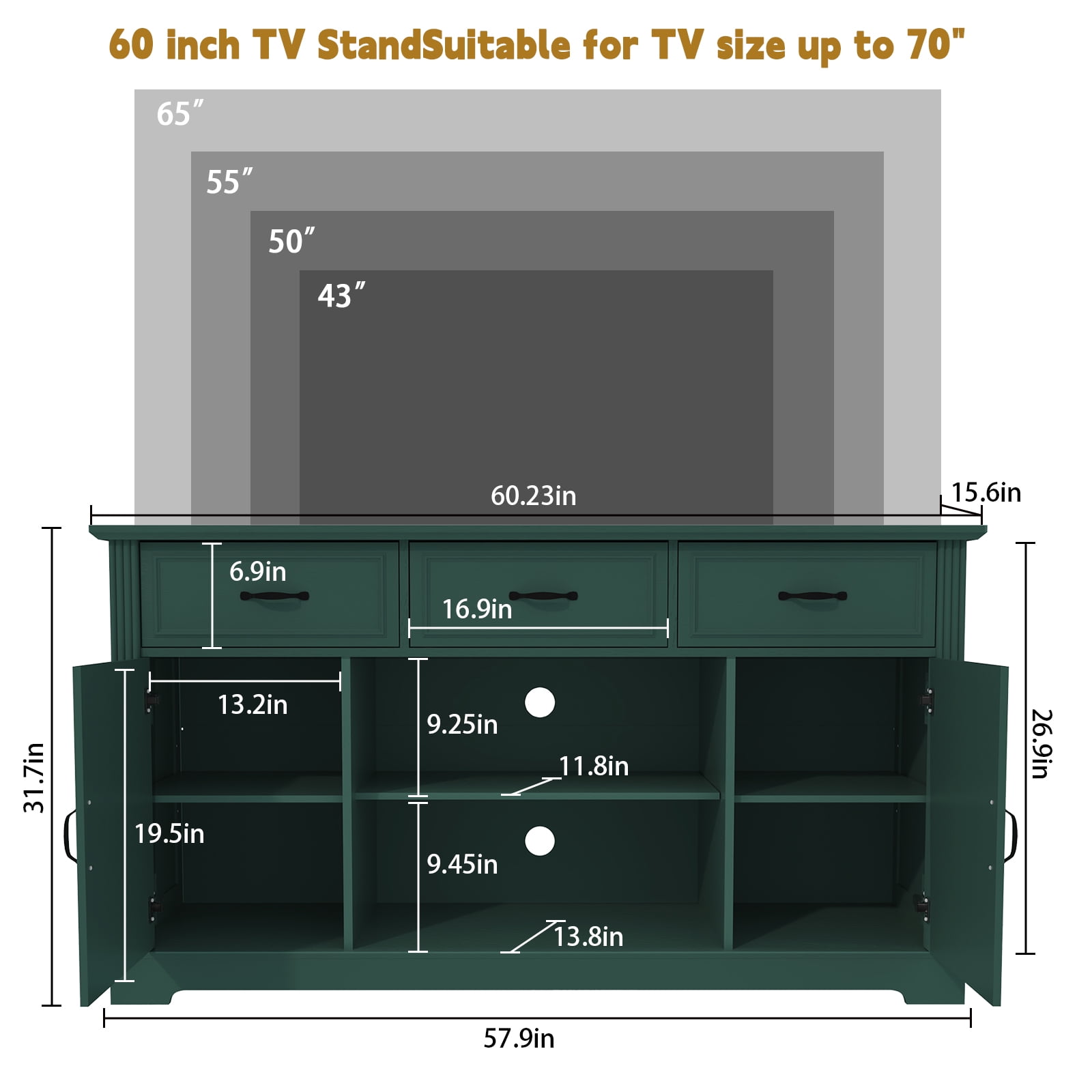 HLR Mid Century 60" TV Stand for TV up to 65", Entertainment Center with Drawers Storage for Living Room, Green