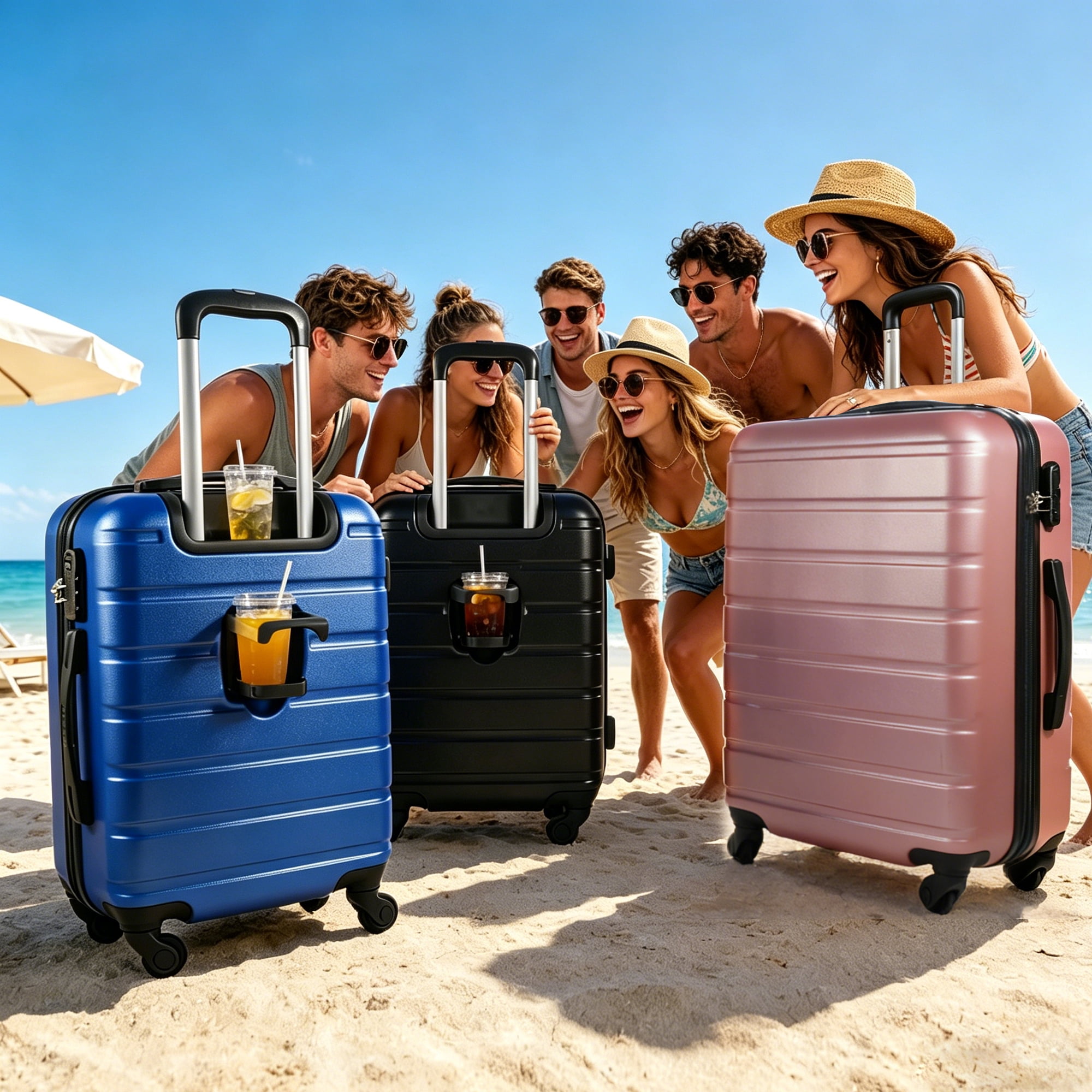 NiceTravel Luggage Set (20/24/28 inch),Hard-shell suitcase with Cup Holder(20"), Combination Locks & 360° Spinner Wheels, Blue