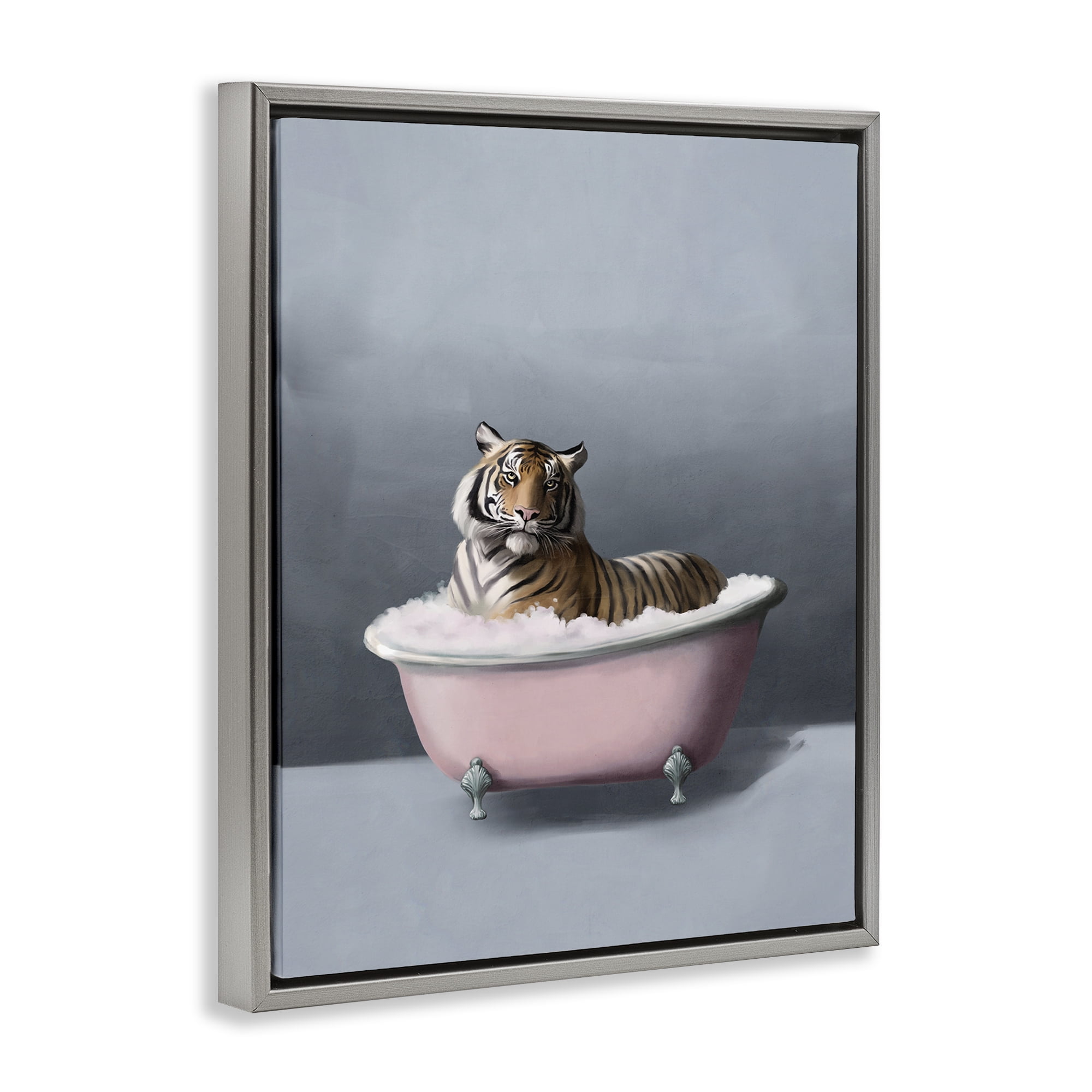 Stupell Industries Tiger in the Bathtub Bath & Laundry Painting Gray Floater Framed Canvas Art Print Wall Art, 17 x 21