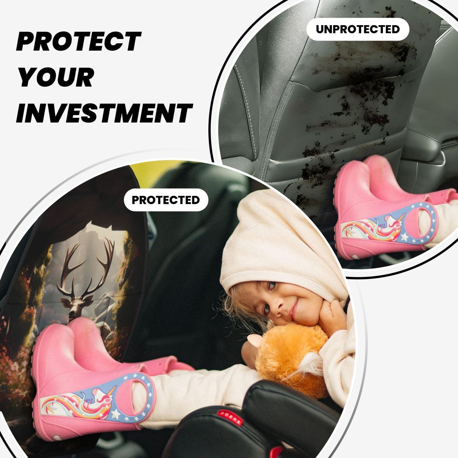 Xecao Enchanted Deer In Cave Pattern Car Seat Back Protector 2 Pack Large Capacity Pocket, Kick Mats Back Seat Protector